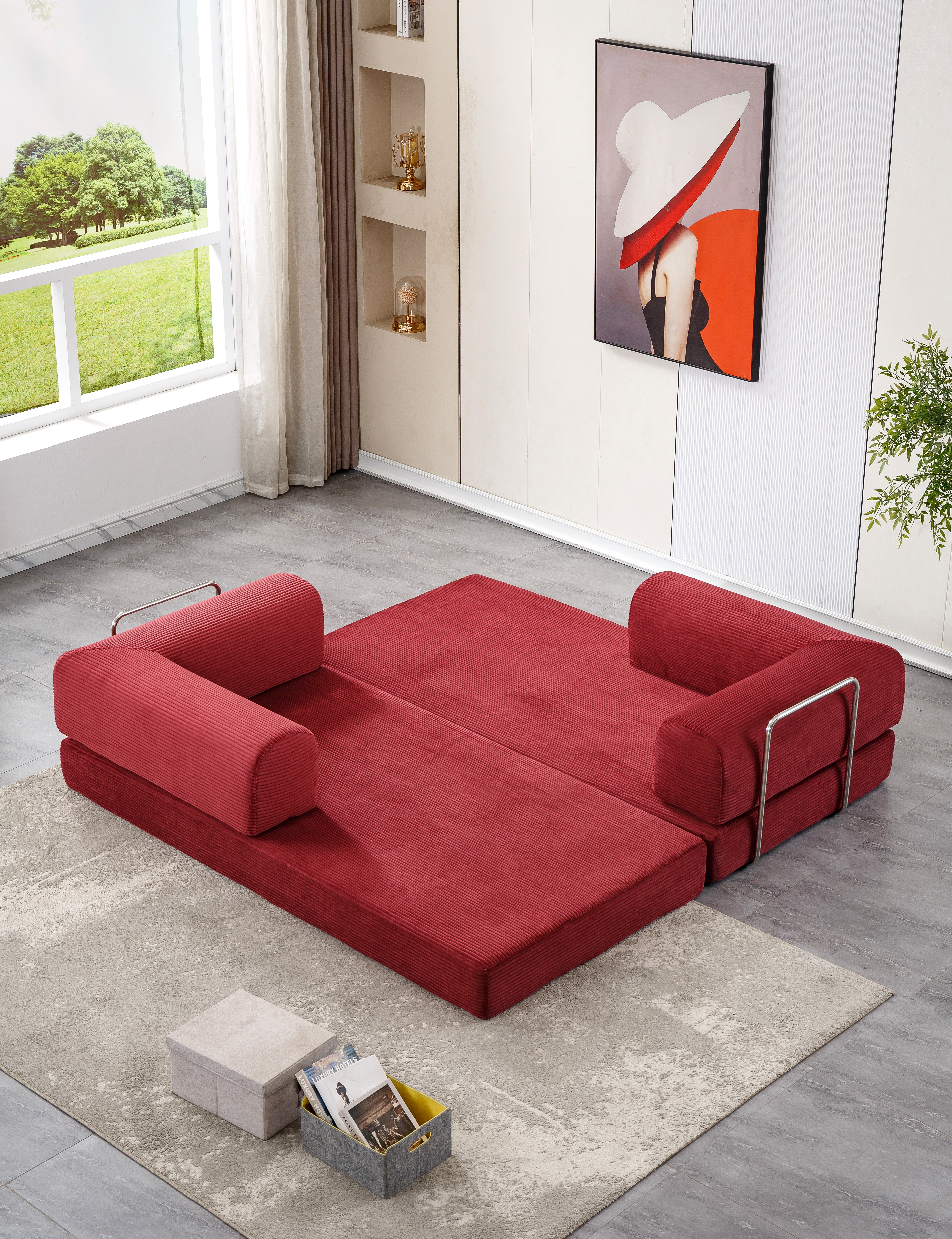 Canapé lit/méridienne 200 cm déployé velours bleu BIPBOP SOFA