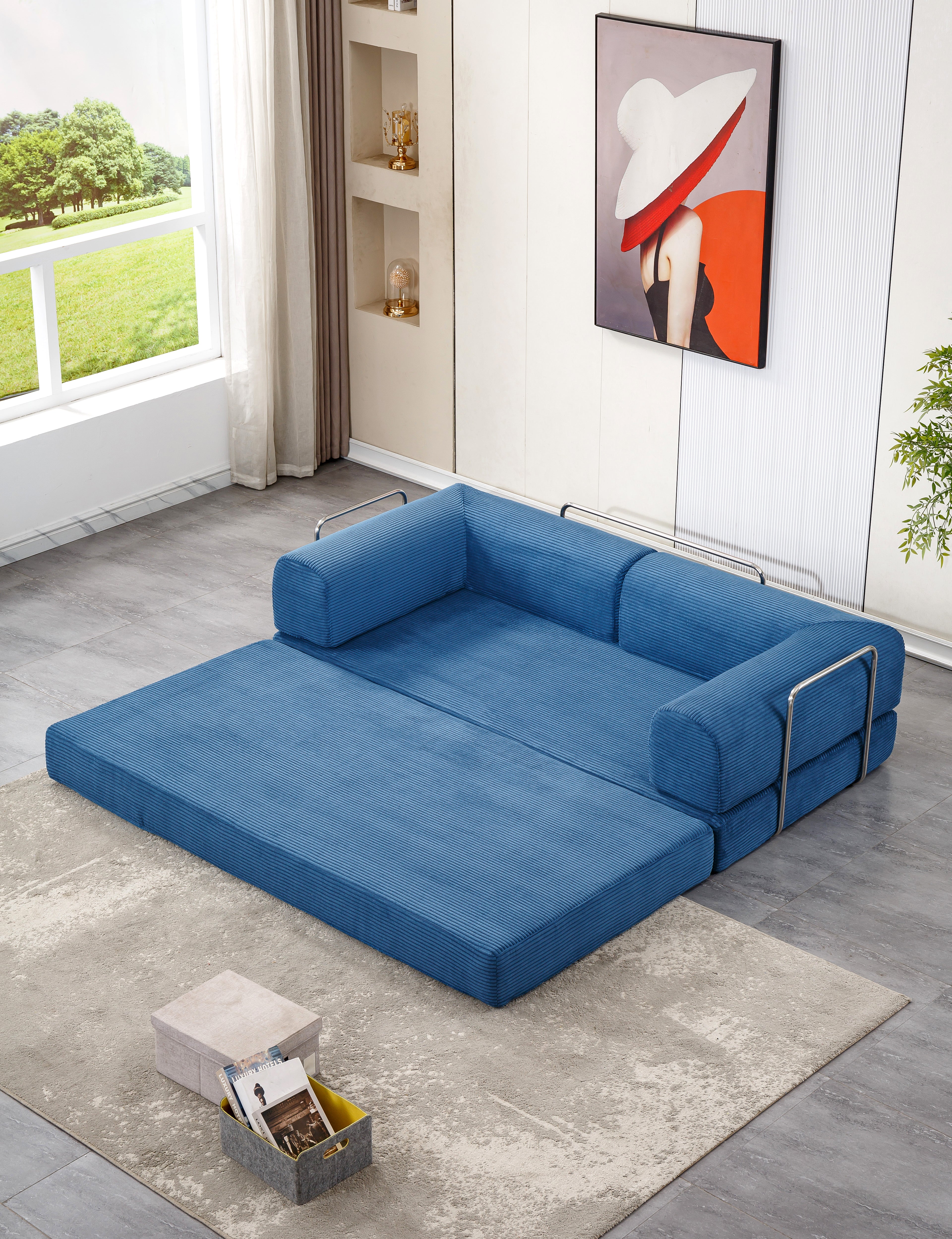 Canapé lit 200 cm déployé velours bleu BIPBOP SOFA